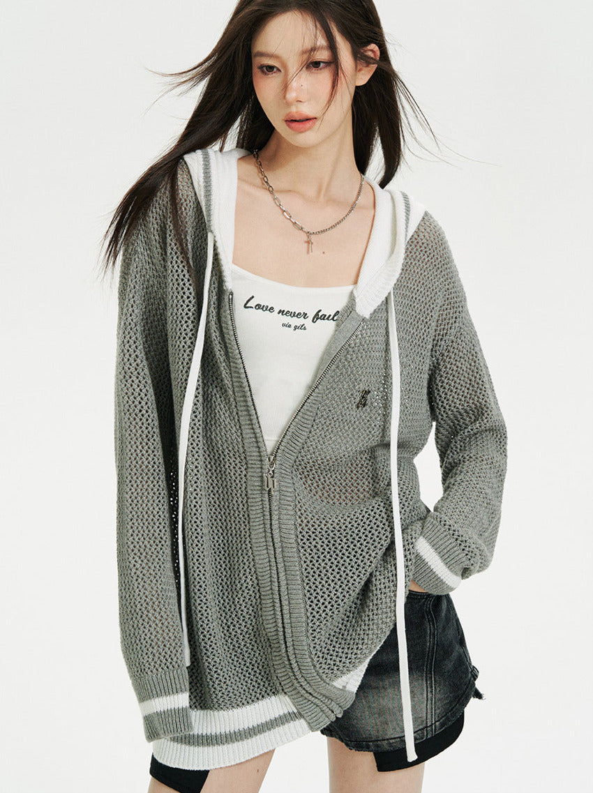 Kurzer/langer Hoodie aus transparentem Netzstrick mit Reißverschluss