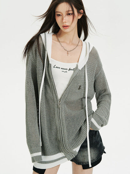 Kurzer/langer Hoodie aus transparentem Netzstrick mit Reißverschluss