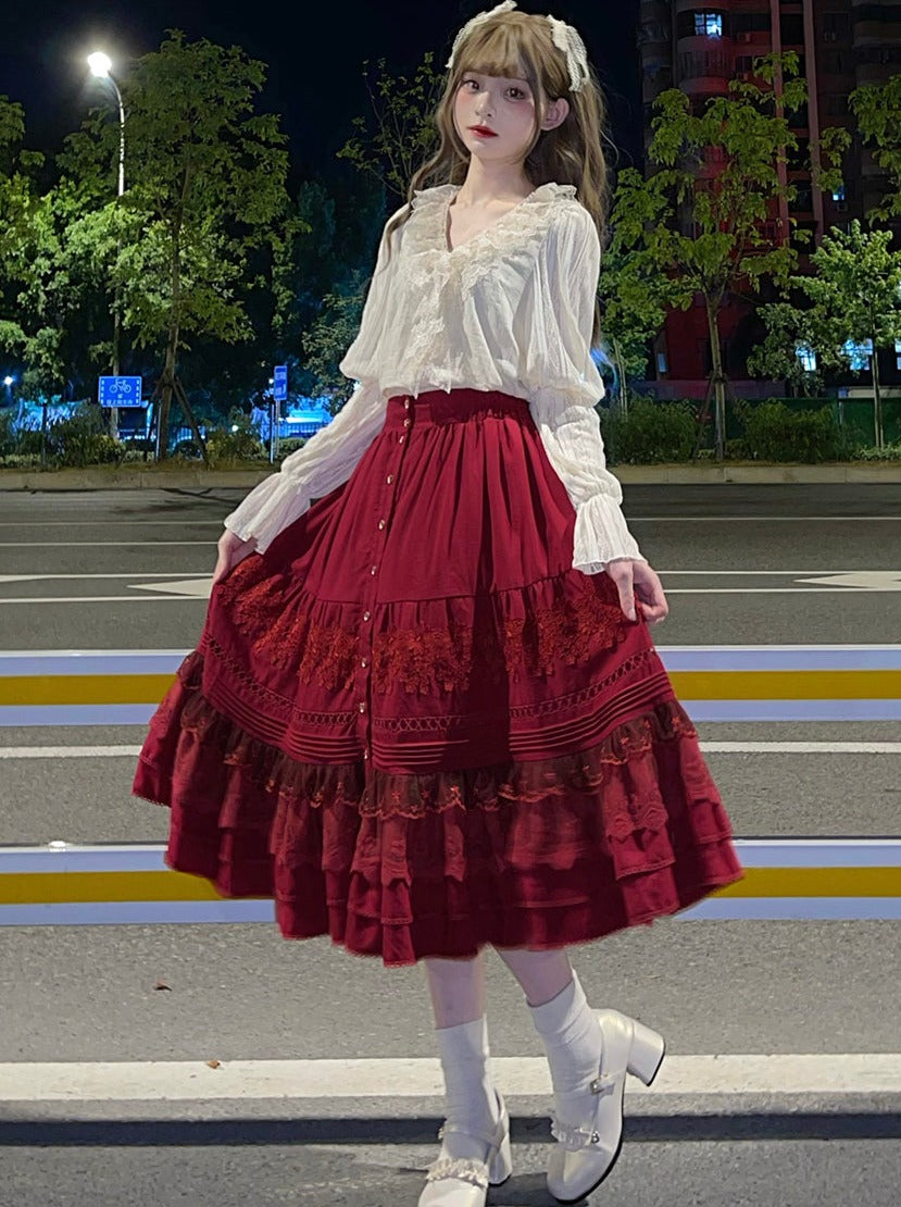 レース無地コットンカラーロリータシャツ