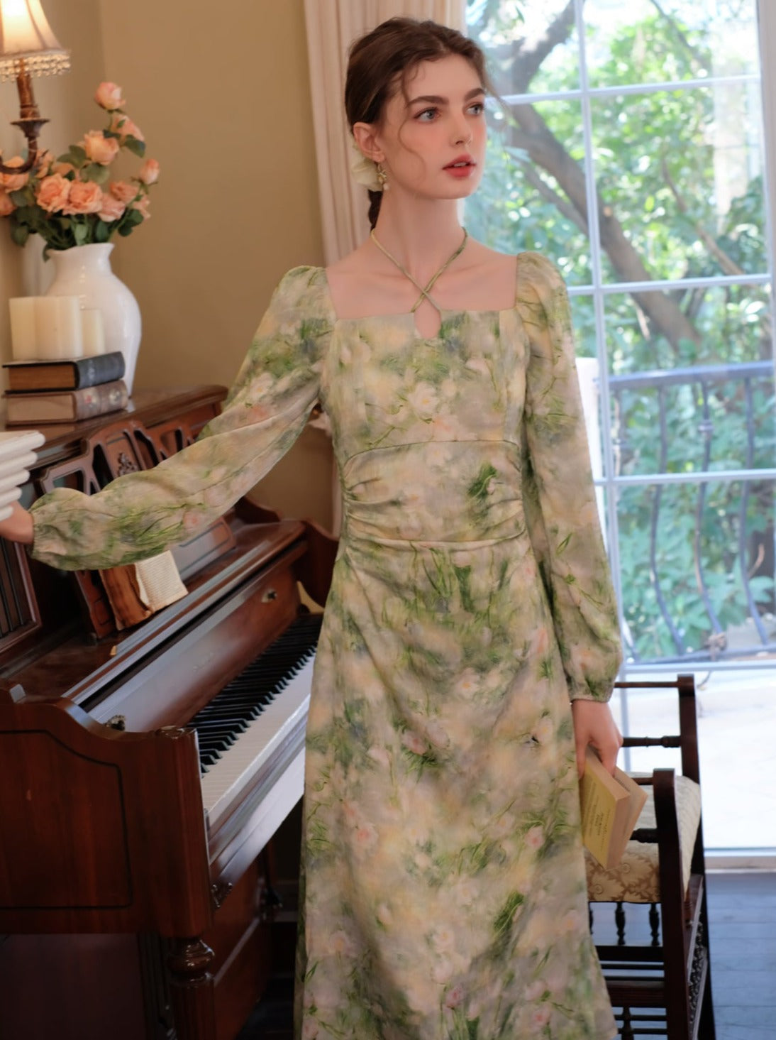 Elegant Neck Green Square Retro Dress