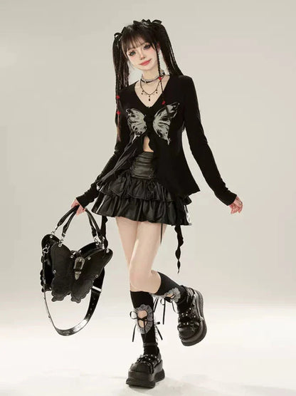 バタフライプリントスリムカーディガンリボンフリル