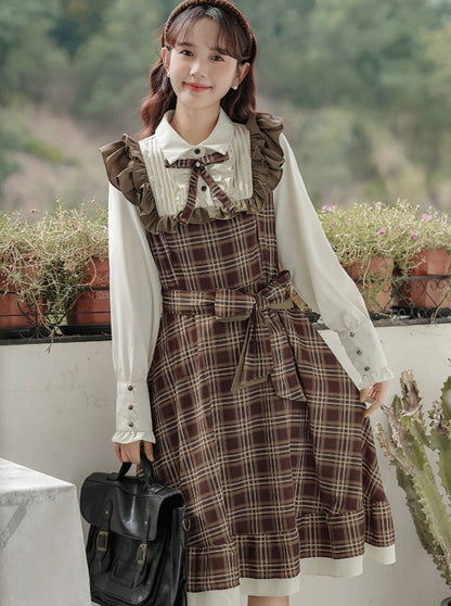 ブラウンのレトロスカートスタイル、サスペンダー、ヘップバーン、フレンチフリル