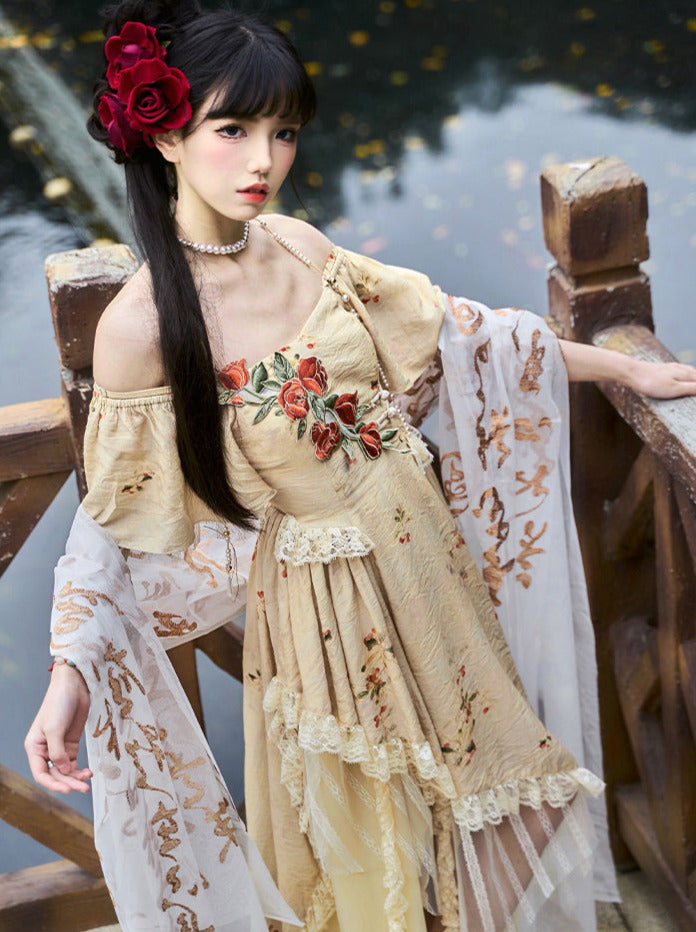 Elegante Träger Quadratischer Kragen Rose Off-the-Shoulder Kleid Unregelmäßig