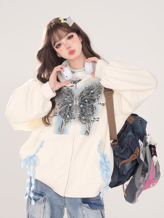 Sweatshirt Zip Butterfly Street Loose Hoodie American Jacket