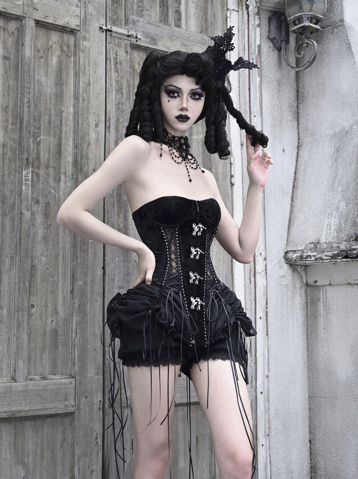 ダークゴシックコルセット ヘルドレス バードストラップ アリスゲージセット フィッシュボーン