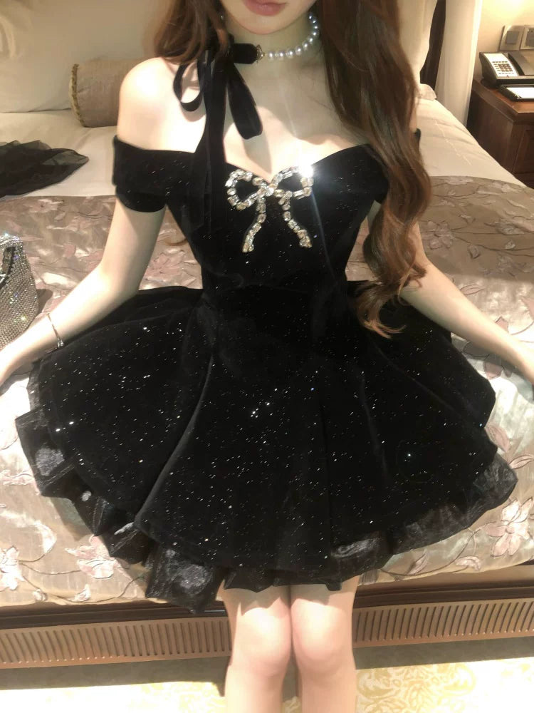 Black Swan Velvet Princess Dress - Bow Waist Ball Gown (S-XL)