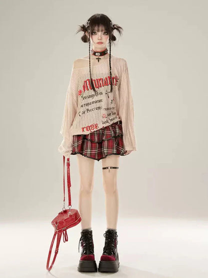 ニットアプリコットTロングプリントレターオフショルダーレイジー