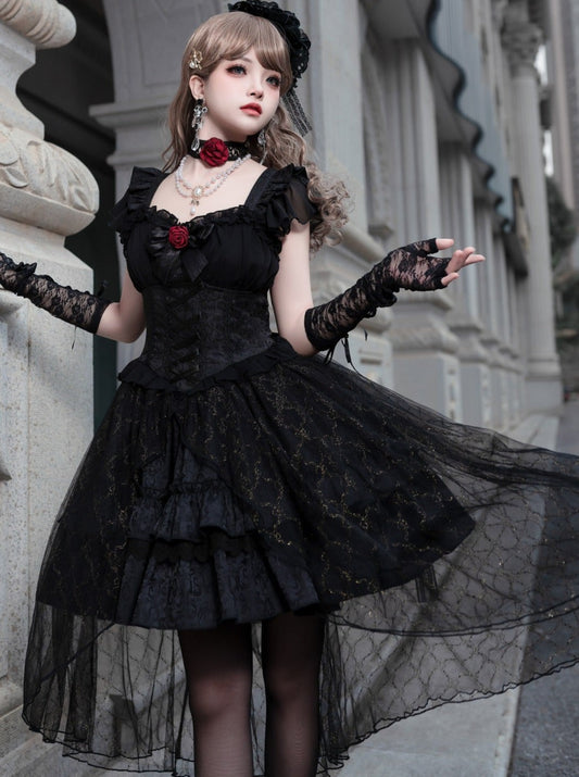 Rose Dress Black Flared Gothic Lolita