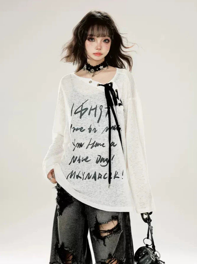 ロングストラップ レターTプリント オフショルダー ホワイト