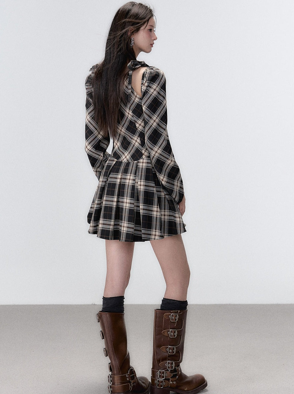 Line Ribbon Suspender Dress French Check