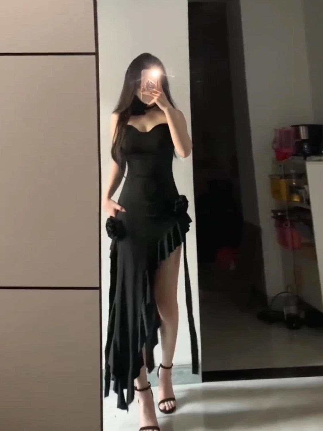 Black Rose Ruffle Spaghetti Strap Dress - French Asymmetric Maxi (S-XL)