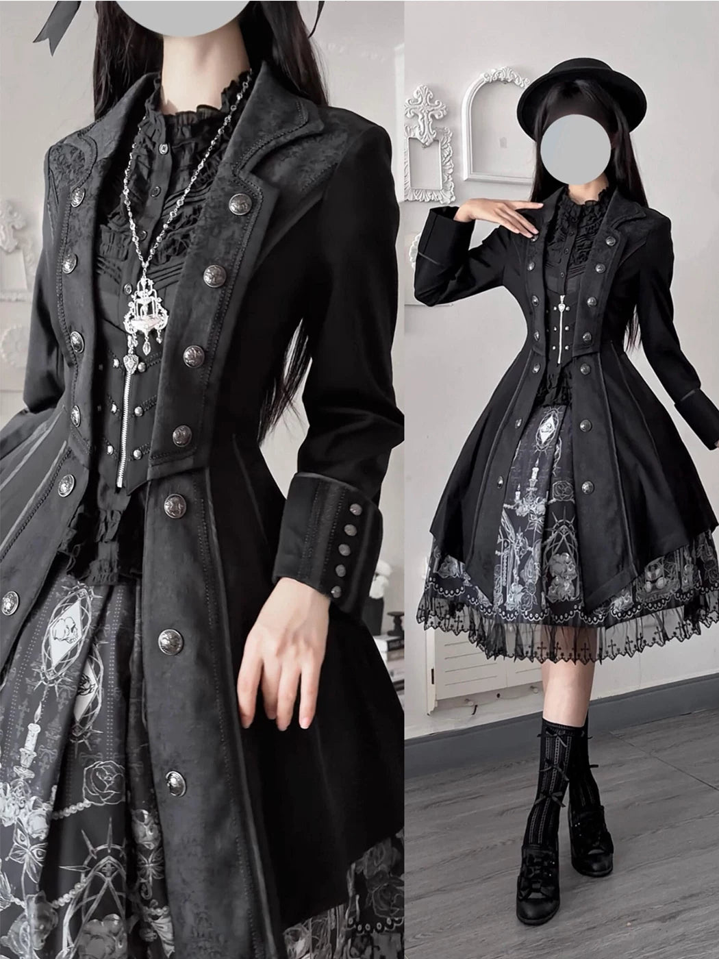 Black Gothic Ouji long coat with fitted waist and flared hem, front and full outfit views