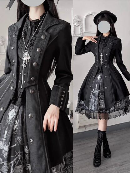 Black Gothic Ouji long coat with fitted waist and flared hem, front and full outfit views