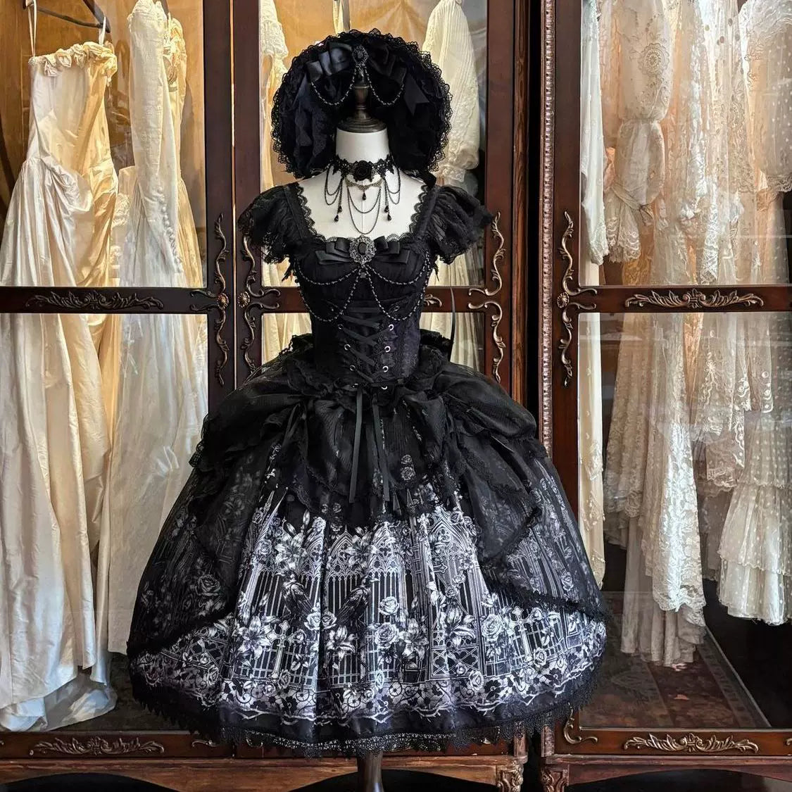 Han Guniang black Gothic Lolita JSK dress front on mannequin