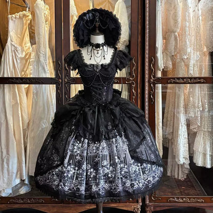 Han Guniang black Gothic Lolita JSK dress front on mannequin
