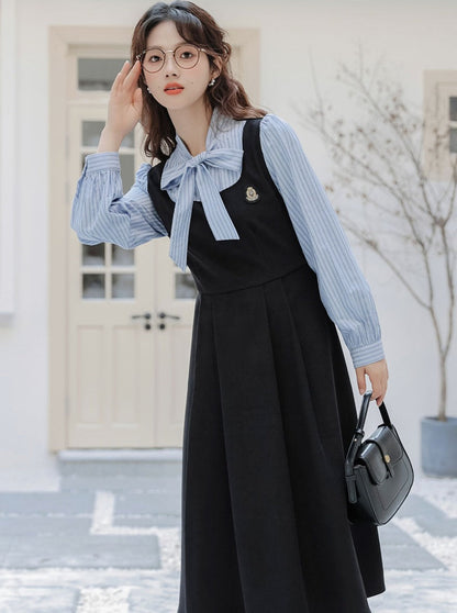 ストライプスタイルのドレス スプライシングフェイクカレッジ