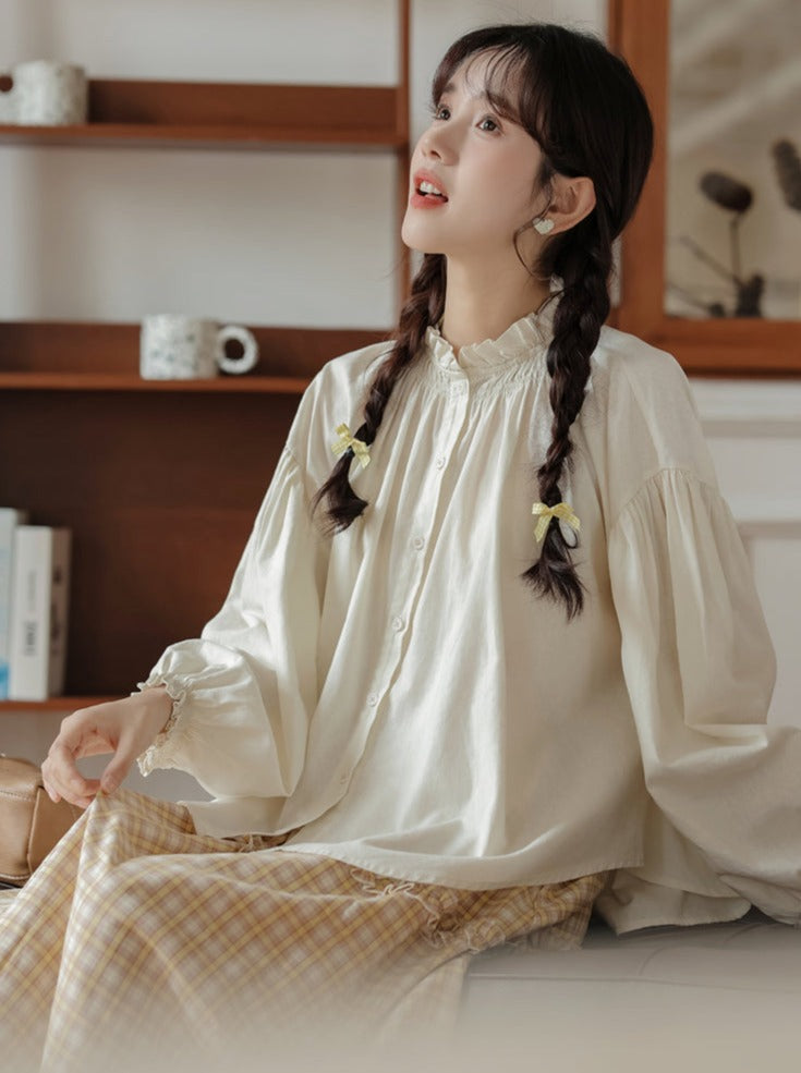 シャツネックハイリネンランタンスリーブ