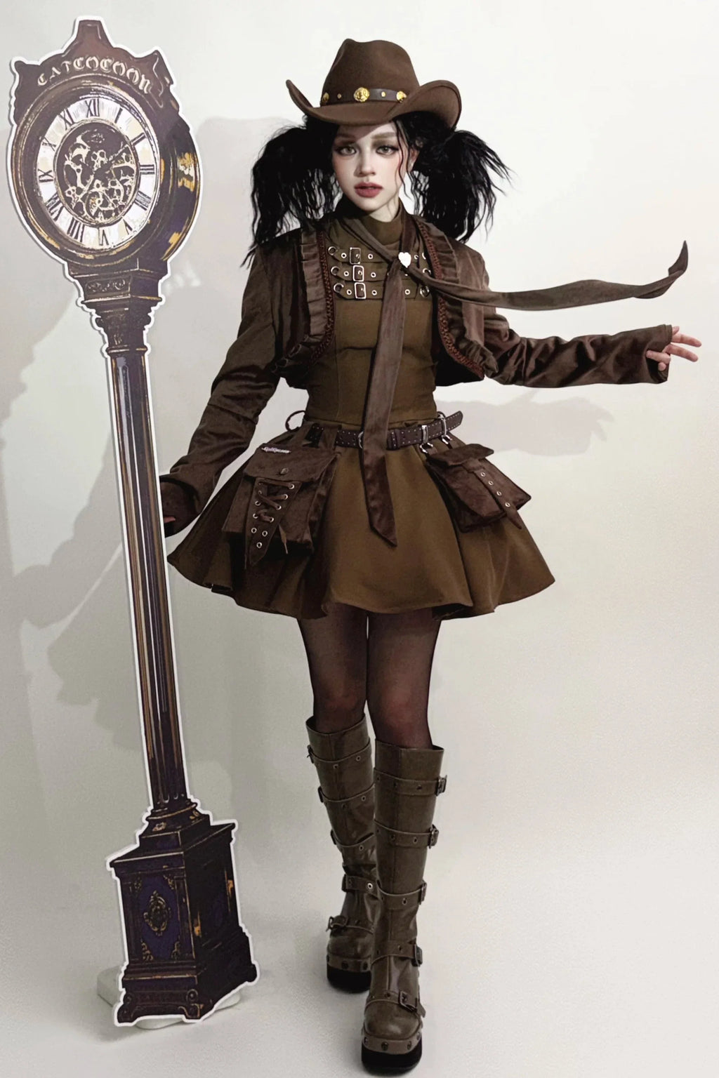 Steampunk Brown x Gothic Black Mode Buckle High Collar Puff Sleeve Doll Dress