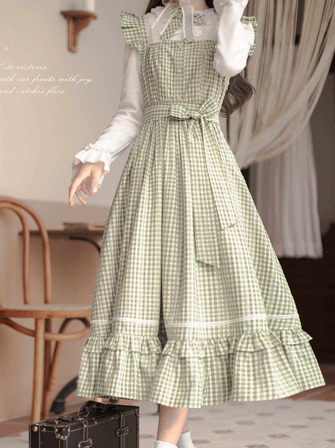 Collar Dress Shirt Ribbon Check + Set Ruffle French Shoulder Green Ruffle Forest