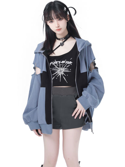 Zip Cami Cross Loose Pants Hoodie Top