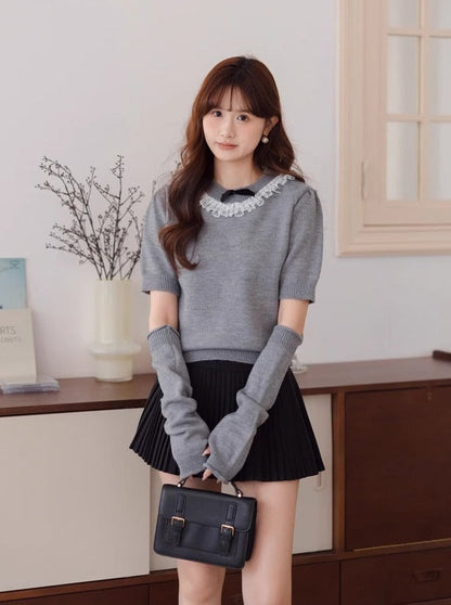 Lace Arm Ribbon Sweet Warmers Top Knit