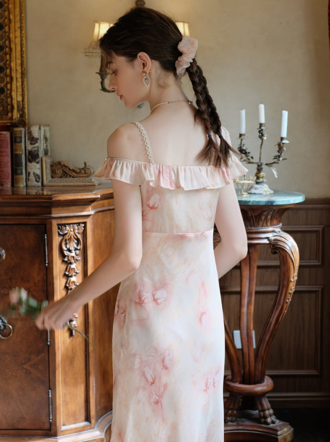 ロングサスペンダードレス フラワーブラウス カーディガン + シアー