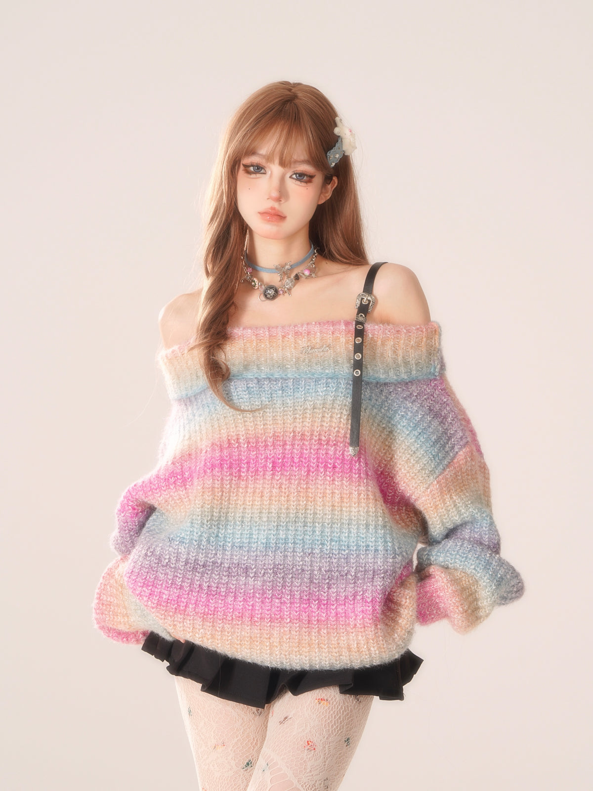 Off-Shoulder-Bordüren-Top Bunt