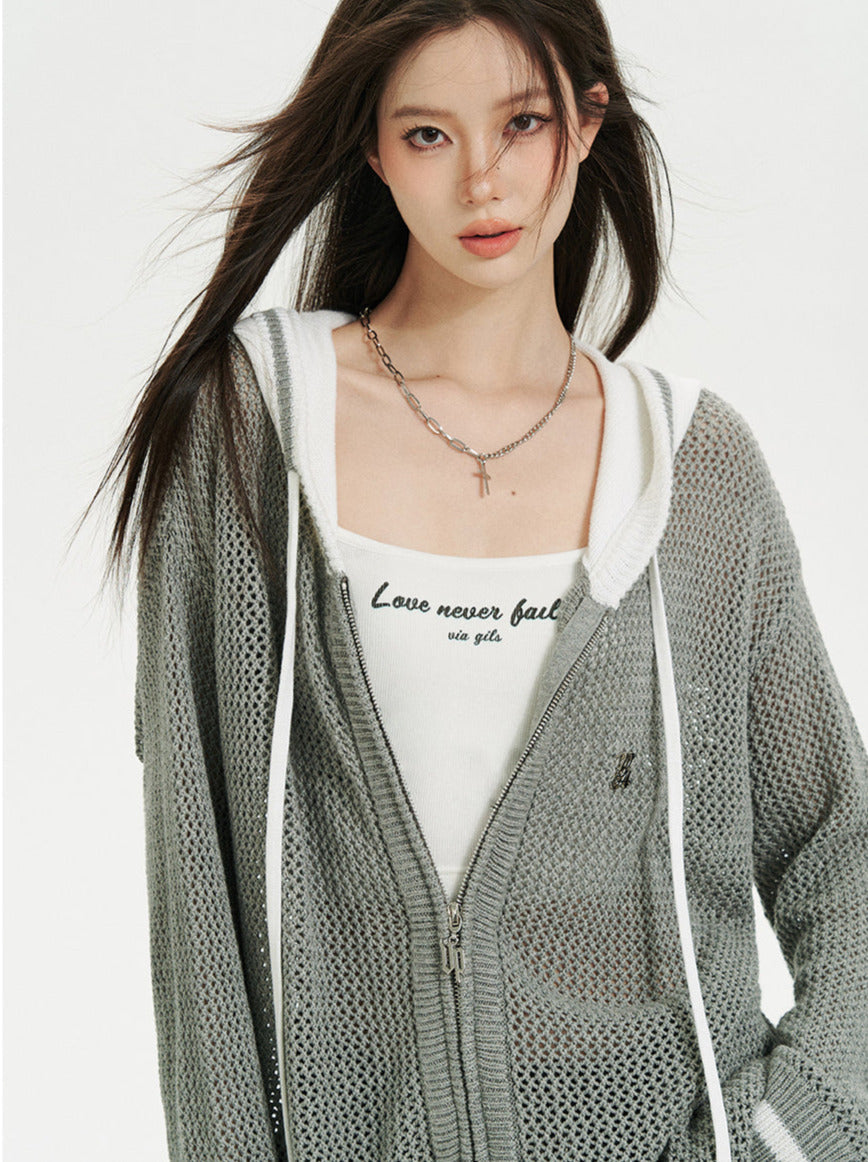 Kurzer/langer Hoodie aus transparentem Netzstrick mit Reißverschluss