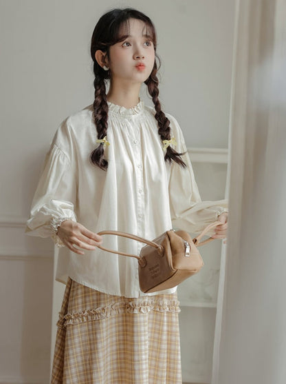 シャツネックハイリネンランタンスリーブ