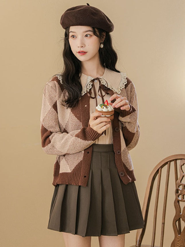 Argyle Rock Plissee Strick Braun Cardigan Retro