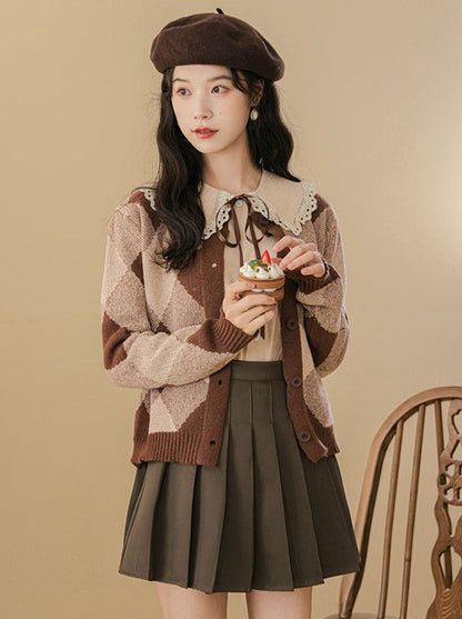 Argyle Rock Plissee Strick Braun Cardigan Retro