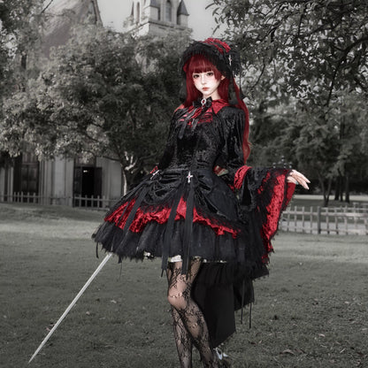 Sheer Ocean Dark Raven Poem red Gothic Lolita JSK full outfit on model