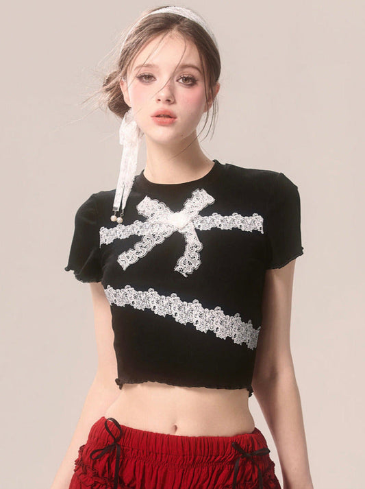 Slim Lace T-Shirt Frill Short Ribbon