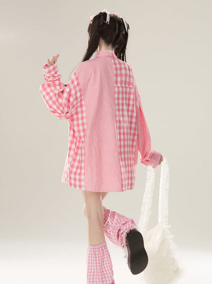 コントラストデニムサスペンダーピンクシャツスカートチェックルーズ+カラー