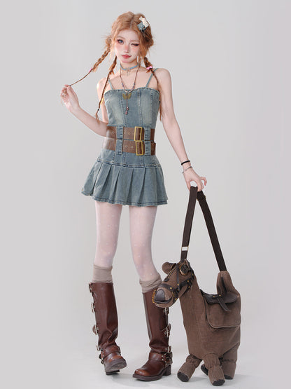 ホットなレトロデニムプリーツスタイルドレスガールサスペンダー