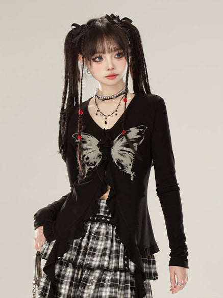 バタフライプリントスリムカーディガンリボンフリル