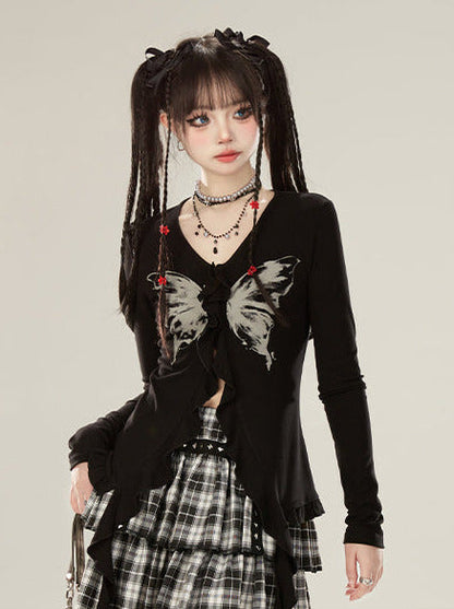 バタフライプリントスリムカーディガンリボンフリル