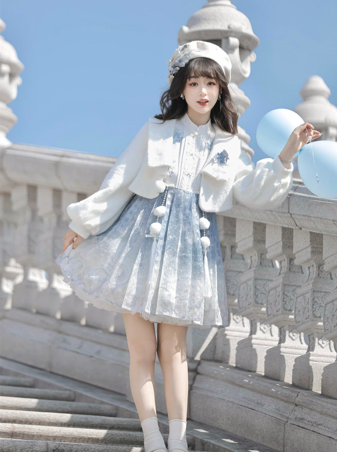 ドレス ショート ブルー チャイニーズファーコート アイス