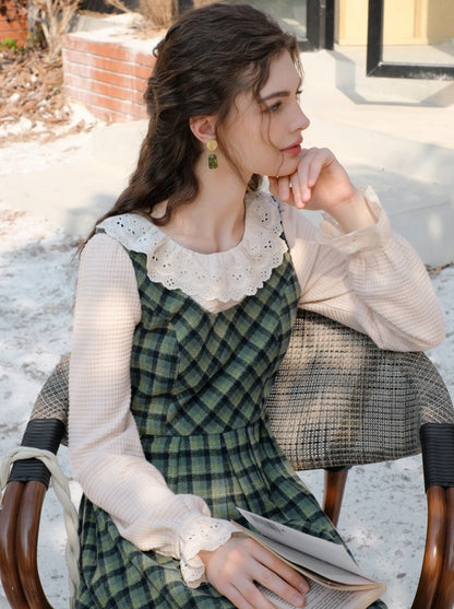 カラースカート レトロ サスペンダー グリーン チェック フリル ブラウス レース