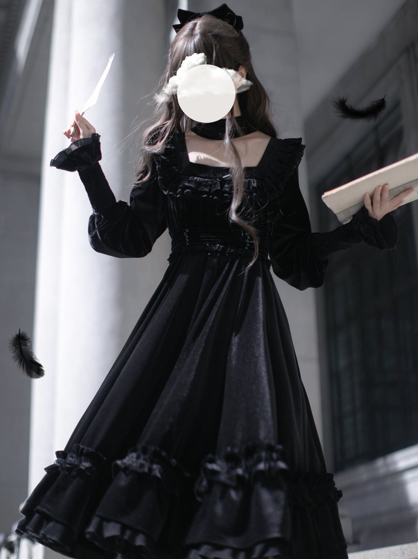 Belt Dress French Black Elegant Ribbon Collar Swan Retro + Square Velvet