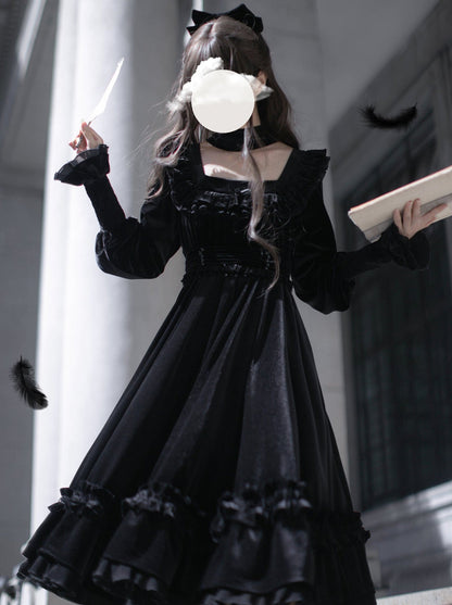 Belt Dress French Black Elegant Ribbon Collar Swan Retro + Square Velvet