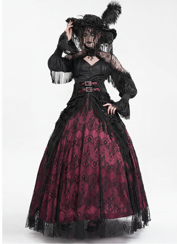 EVA LADY High-Waist Rose Embossed Velvet Fringe Skirt