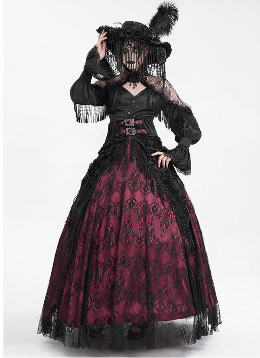 EVA LADY High-Waist Rose Embossed Velvet Fringe Skirt