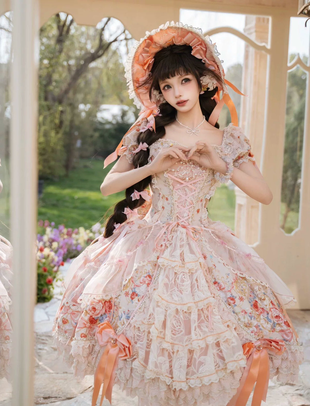 Lily Rose OP dress in orange and pink, front view with floral skirt and lace