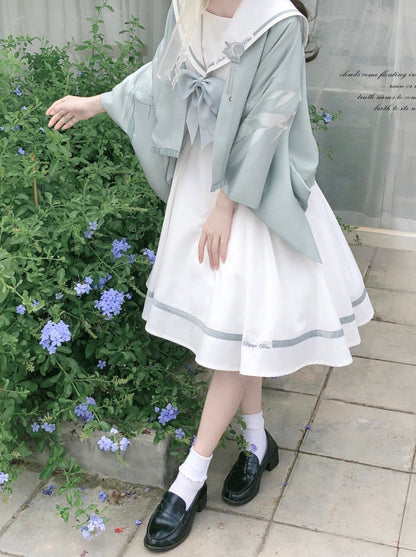 Tie Collar Puff + Sleeve Sailor Haori Tulle Dress Ribbon + Badge Overskirt