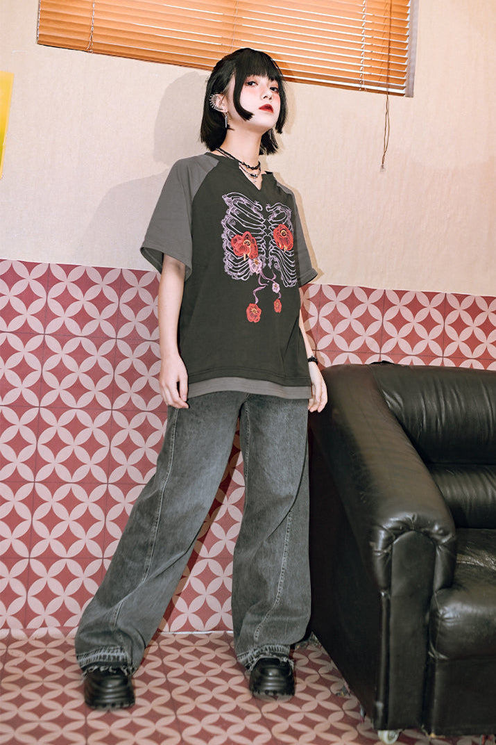 ボーンフラワーバイカラーラグラントップVネック