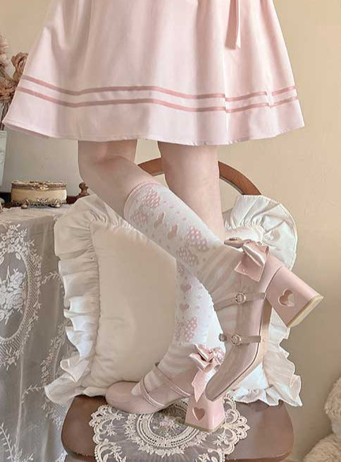 High Ribbon Heart Heel Shoes Ribbon Open Lolita Jewel