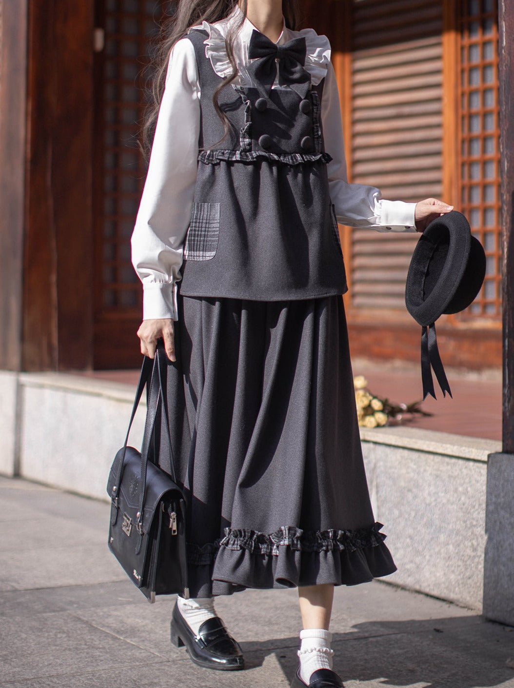 リボンチェックカレッジ+スタイルベストホワイトスーツスカートフリルオリジナルフリルシャツフリル