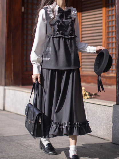 リボンチェックカレッジ+スタイルベストホワイトスーツスカートフリルオリジナルフリルシャツフリル