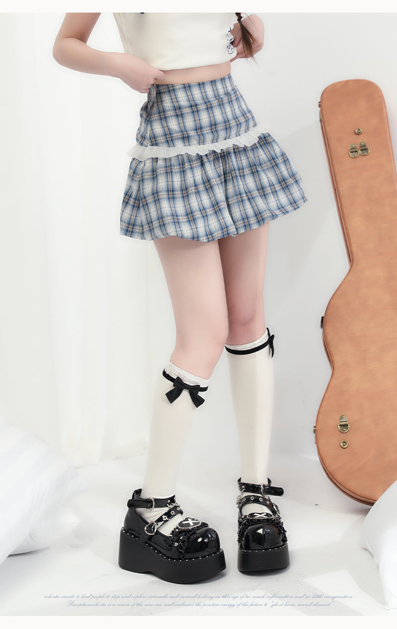 Minirock + Totenkopf-Kariertes Katzenoberteil ärmellos